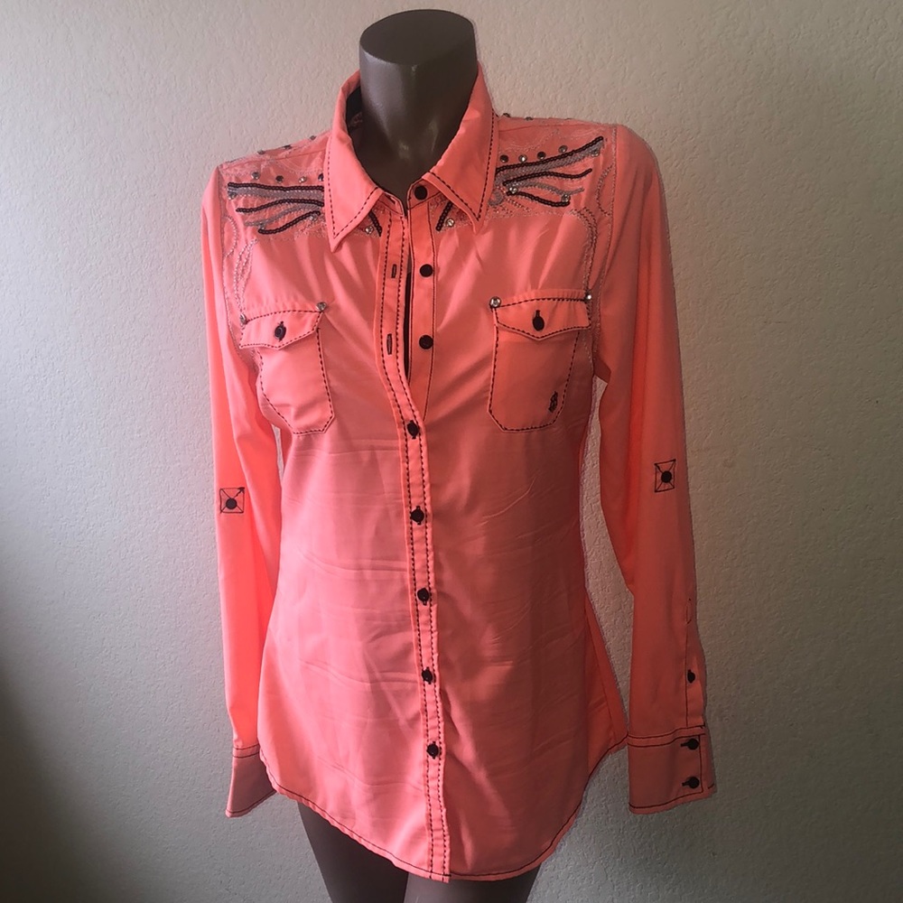ROAR Stretch Bling Rhinestone Button Up Shirt - L
